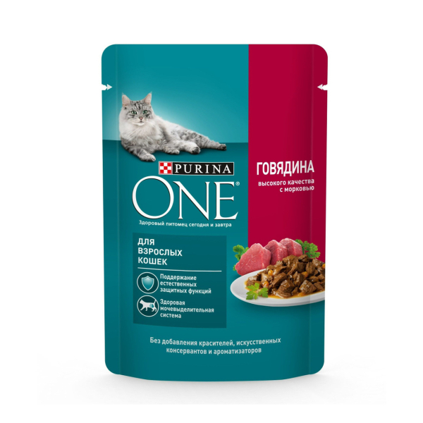 Корм Purina One для взрослых кошек с говядиной 75гр