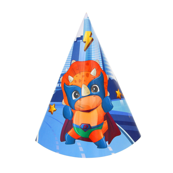 Набор колпаков 6шт, праздничных, бумага, 40х20см, с изображением динозавриков