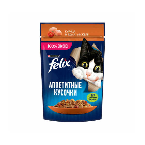 Корм Felix Аппетитные кусочки для кошек с курицей и томатами в желе 75гр