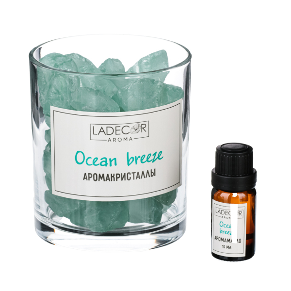 LADECOR Набор аромакристаллы в стакане 9х10см и аромамасло 10мл, лаванда, шампанское,океан, янтарь