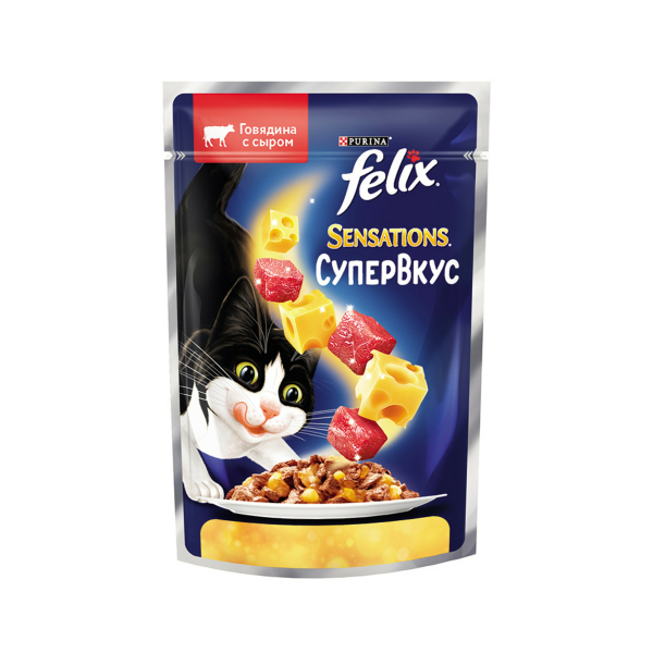 Корм Felix Sensations Супервкус для кошек с говядиной и сыром 75гр