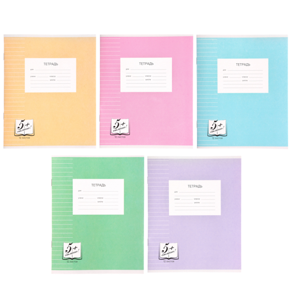 Тетрадь школьная 12л. в линейку, БЕЛЫЕ ЛИСТЫ обложка плотный офсет 115 гр "Пятерка"