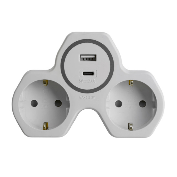 Разветвитель 2гн.+USB+Type C 16А/2.4А белый/серый ADP16-15-20 Stekker