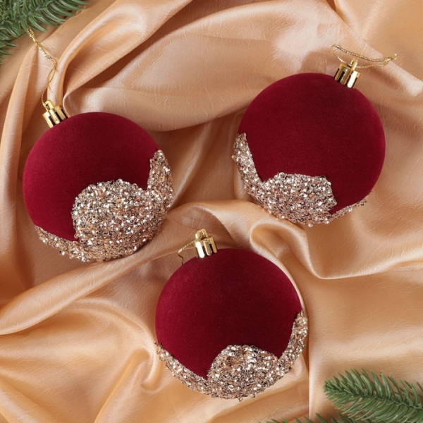 Набор шаров d-8см 3шт красный Бархат Честер