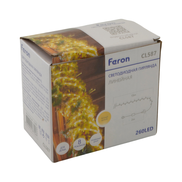 Нить св/д Мини Дюралайт св/д 260LED/м 2700К 230В IP20 теплый белый 15м CL587 FERON