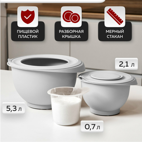 Миска для миксера набор (миска 2,1л+5,3л+ стакан мерный 0,7л. ) АП 1060