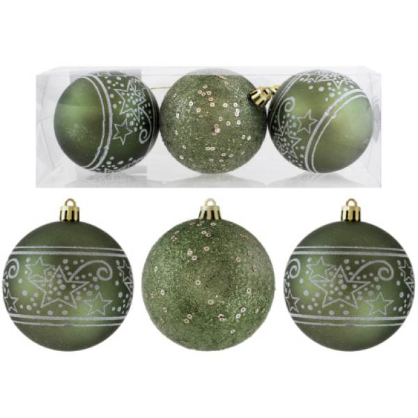 Украшение Елочное "Шары "Праздничные узоры" 3шт. d-8см.зеленый
