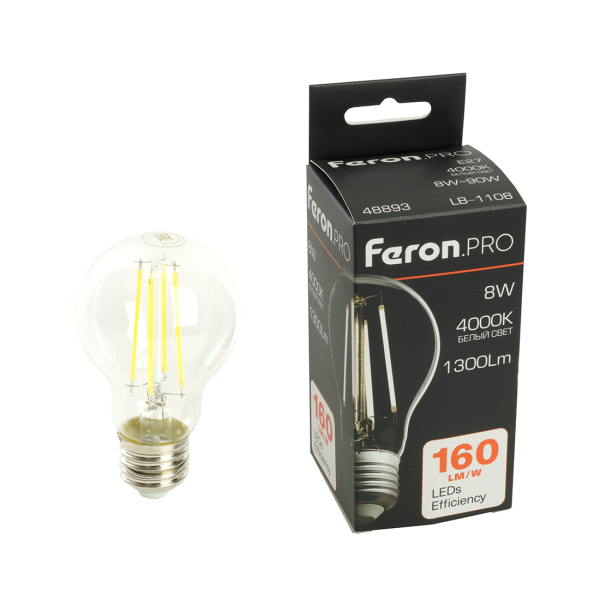 Лампа св/д A60  8Вт 4000К E27 филамент Feron.PRO