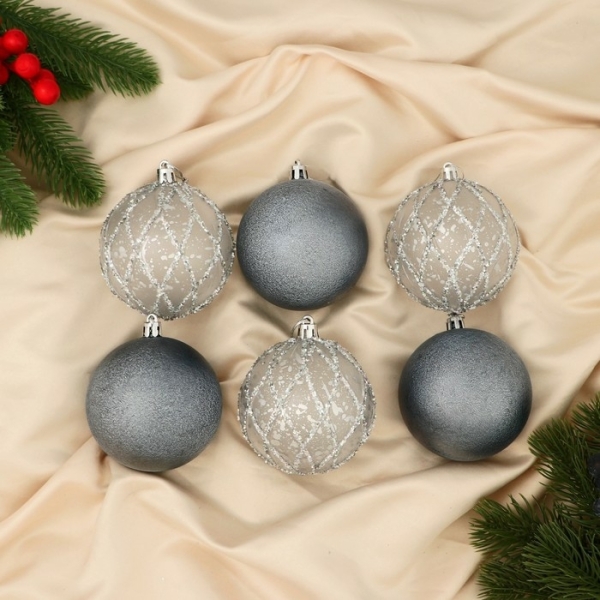 Набор пластиковых шаров d-8см 6шт серебристо-синий Блеск полосы