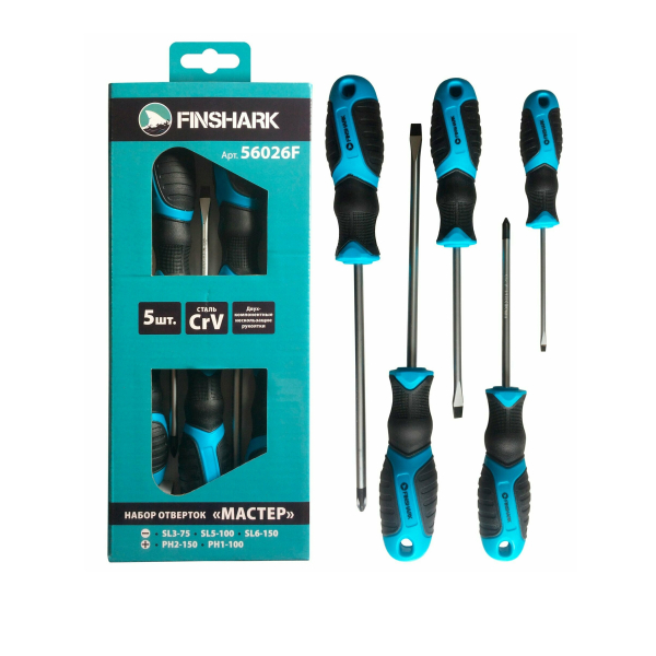 Набор отверток 6шт CrV, SL3-75, SL5-100, SL6-150, PH2-150, PH1-100 Finshark