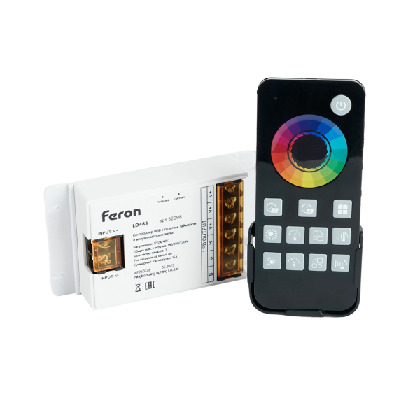 Контроллер диммер 8А 12-48В для св/д ленты с пультом, таймер, звук черный LD483 Feron