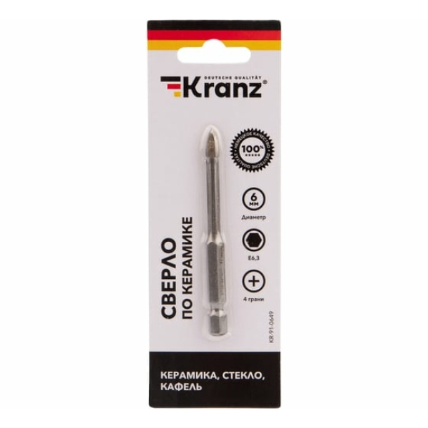 Сверло по кафелю и стеклу 6мм 4 грани Kranz
