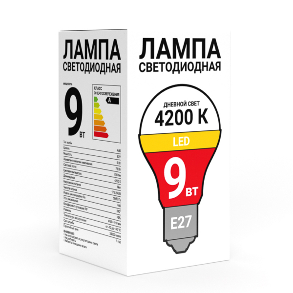 PROMO Лампа Светодиодная А60 9 Вт, Е27, 750 Лм, 4200 К, 175-245 В, Ra>80, IRF <5%