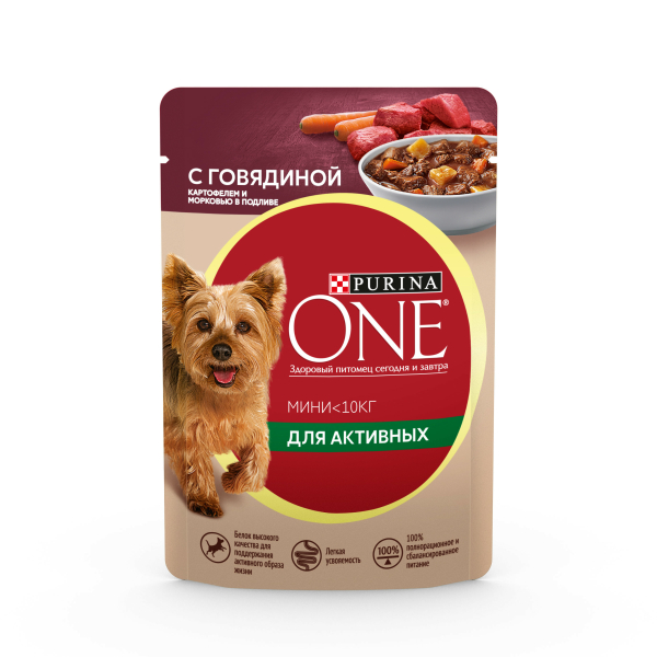 Корм Purina One Мини для взрослых собак с говядиной картофелем и морковью в подливе 85гр