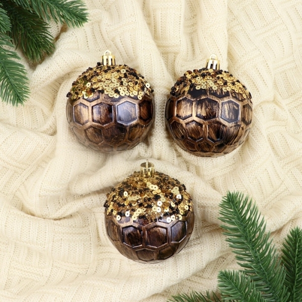 Набор пластиковых шаров d-8см 3шт золотисто-коричневый Сказочные узоры