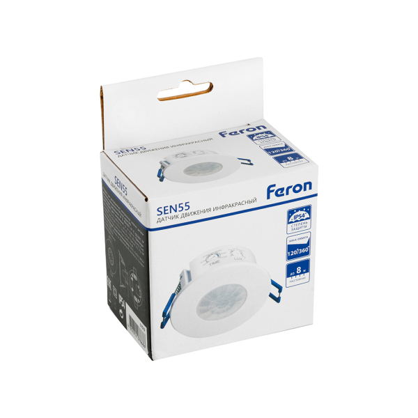 Датчик движения инфракрасный встраиваемый 1200Вт, до 8м, IP54 белый SEN55 Feron