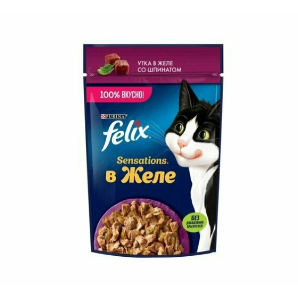 Корм Felix Sensations для кошек с уткой и шпинатом в желе 75гр