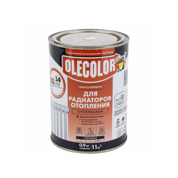 Эмаль алкидная для радиаторов белая глянцевая 0,9кг Olecolor
