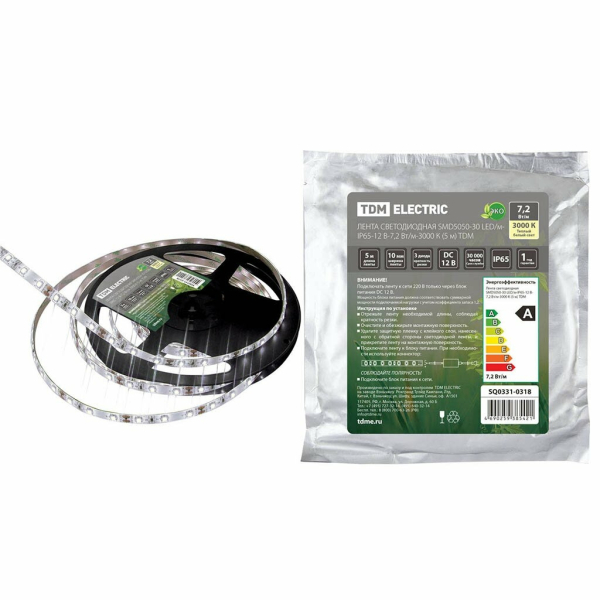 Лента св/д SMD5050 60LED/м 14,4Вт/м 12В IP20 3000К (5 метров) SQ0331-0106 TDM