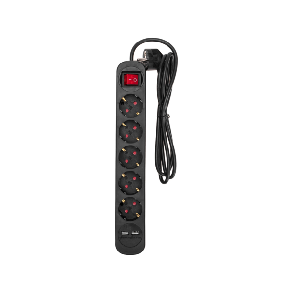 Удлинитель 5гн 1,5м 16А (земля, выключатель) ПВС 3*1 2 USB черный STANDARD REXANT