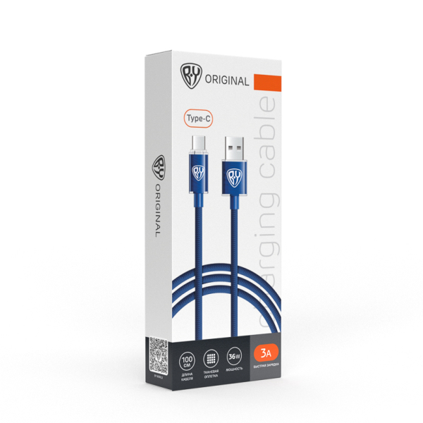 BY Кабель для зарядки Wave Type-C, 1м, Быстрая зарядка 3А, QC, PD 36W, тканевый, синий