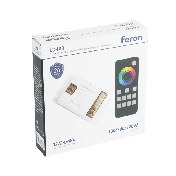 Контроллер диммер 8А 12-48В для св/д ленты с пультом, таймер, звук черный LD483 Feron