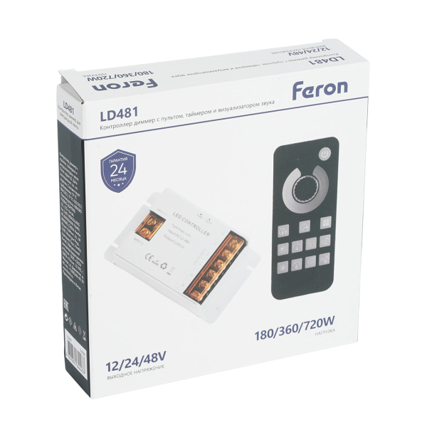 Контроллер диммер 12А 12-48В для св/д ленты с пультом, таймер, звук черный LD481 Feron