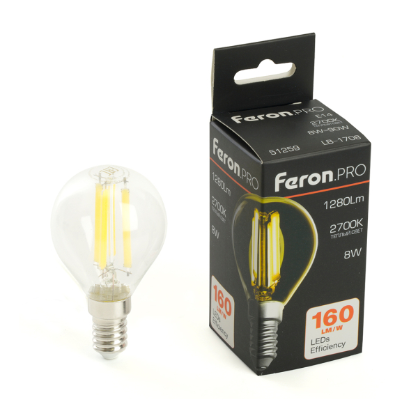 Лампа св/д G45  8Вт 2700К Е14 филамент Feron.PRO