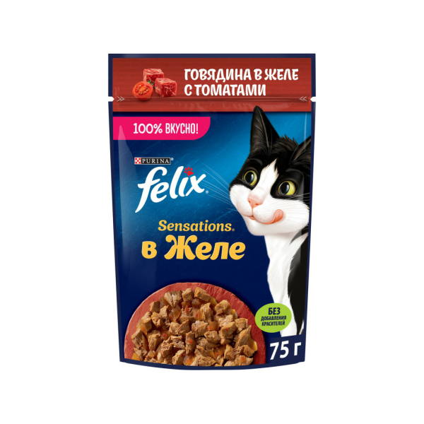 Корм Felix Sensations для кошек с говядиной и томатами в желе 75гр