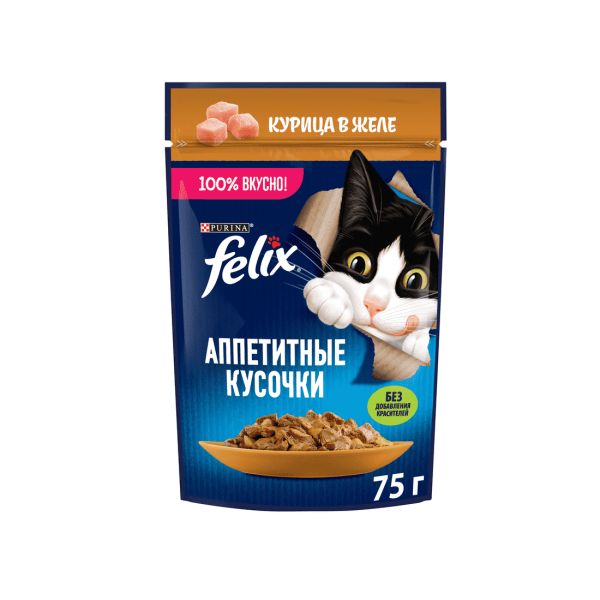 Корм Felix Аппетитные кусочки для кошек с курицей в желе 75гр