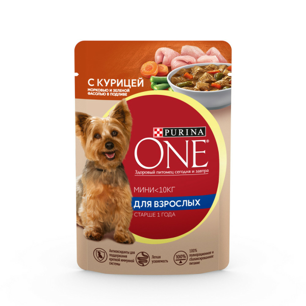 Корм Purina One Мини для собак с курицей морковью и фасолью в подливе 85гр