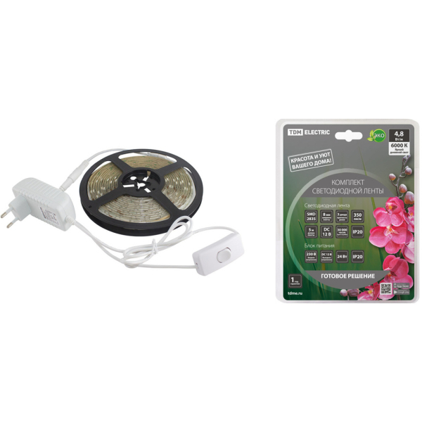 Лента св/д SMD2835 60LED/м 4,8Вт/м 12В IP20 6000K (5 метров) TDM