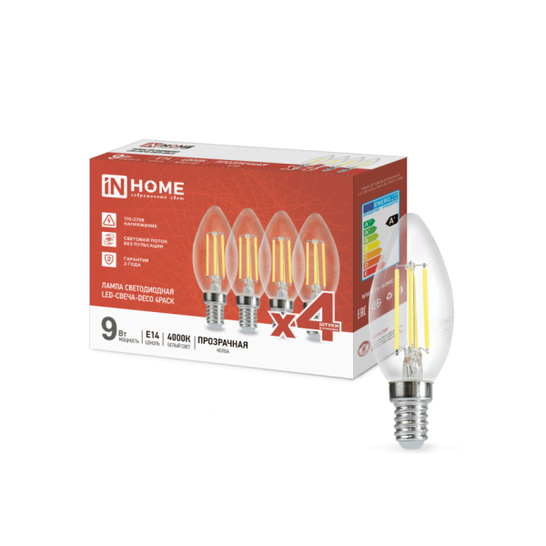 Лампа св/д Е14 LED-свеча-deco 9Вт 4000К (4шт./упак) прозрачная IN HOME