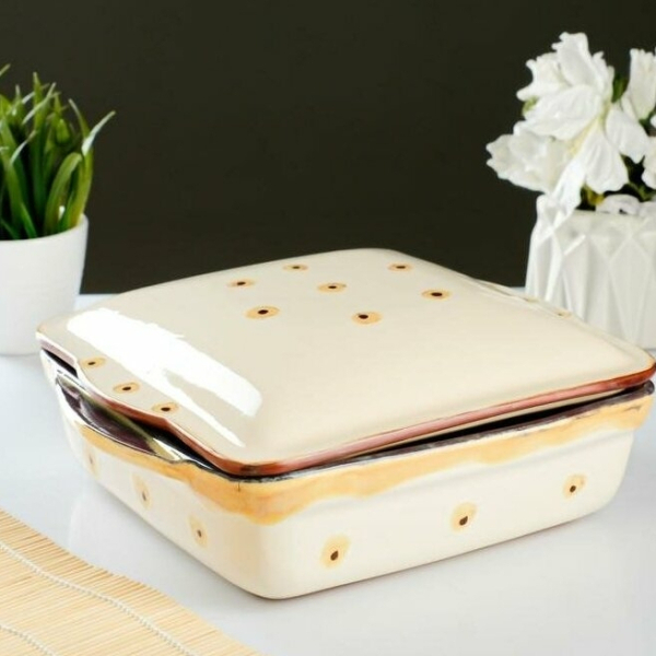 Ёмкость для запекания "Квадро с ручками" с крышкой, карамель, 2л 6937984