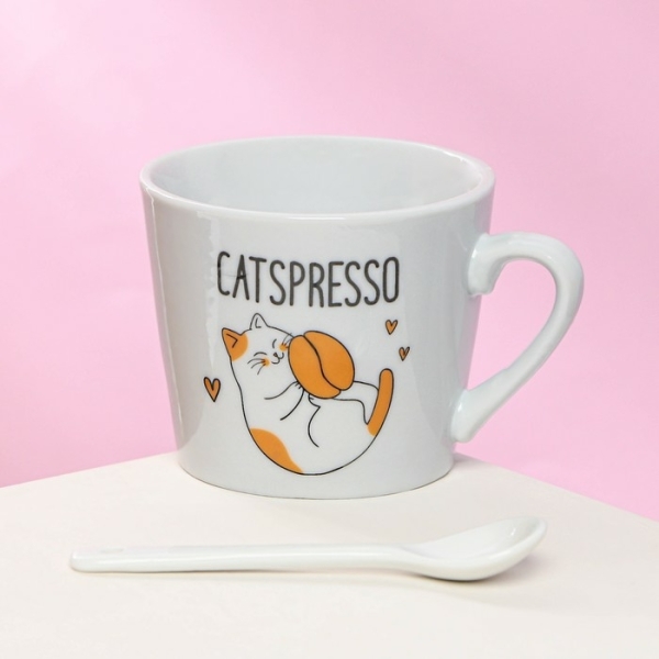 Кружка керамическая с ложкой Catspresso, 180 мл, цвет белый