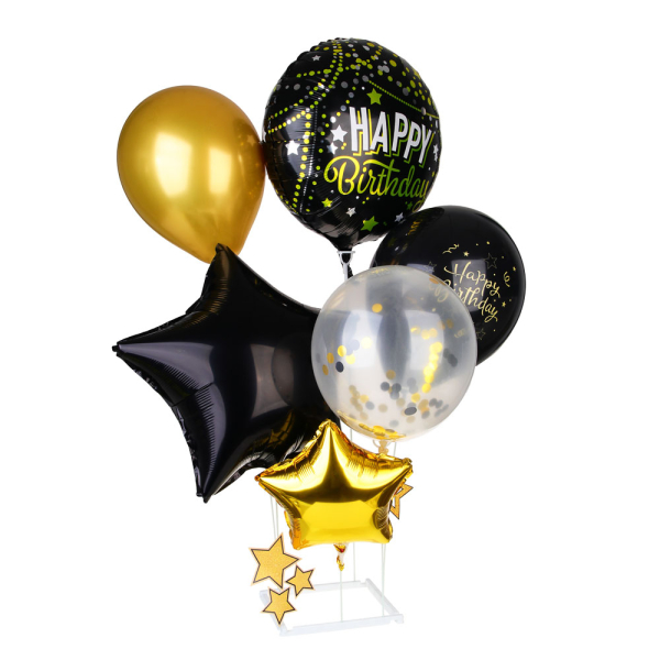Набор воздушных шаров тм Fntastic 6 шт с подставкой, фольга, пластик, картон, "Happy Birthday", черн