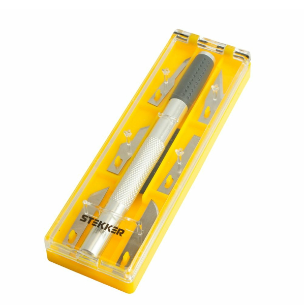 Нож макетный 6 дополнительных лезвий алюминий  STEKKER KMU-41-S