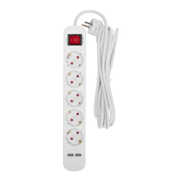 Удлинитель 5гн 3м 16А (земля, выключатель) 2USB  белый STANDARD REXANT