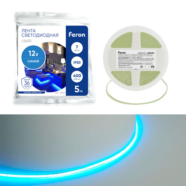 Лента св/д COB 400SMD(2110)/м 7Вт/м 12В IP20 синий (5 метров) LS630 Feron