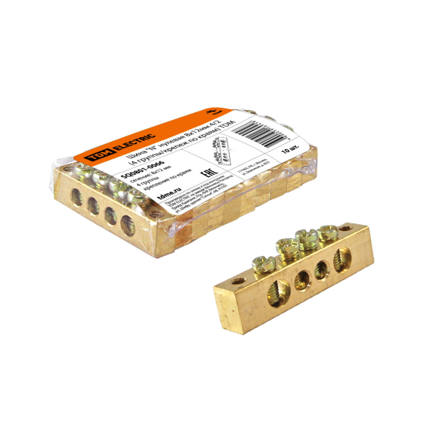 Шина "N" нулевая 6*9мм  4 отверстия, латунь, крепеж по краям TDM