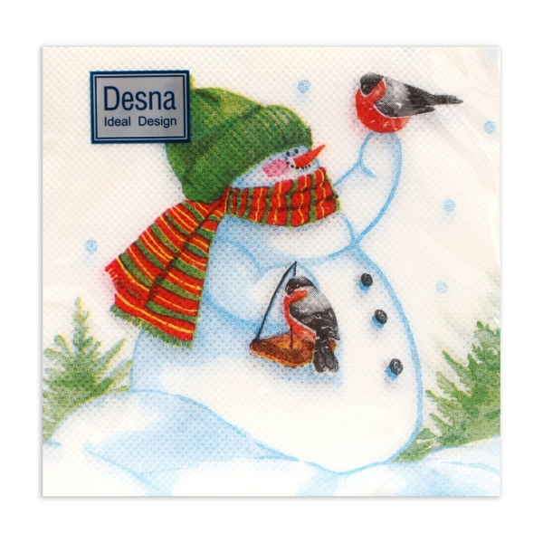 Салфетки новогодние бумажные Desna Design «Снеговик и снегири», 1 слой, 24×24 см, 40 шт.