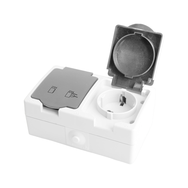 Розетка ОУ 2 мест. белый/серый с з/к IP54 Велена PST16-22-54 STEKKER