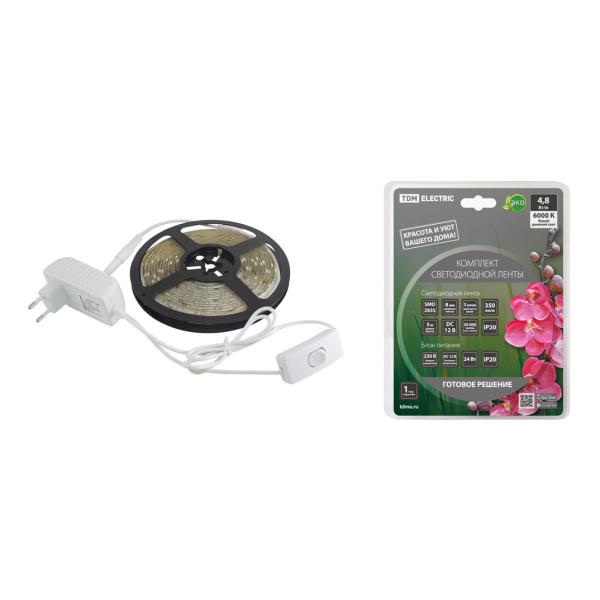 Лента св/д SMD2835 60LED/м 4,8Вт/м 12В IP20 6000K (3 метра) TDM