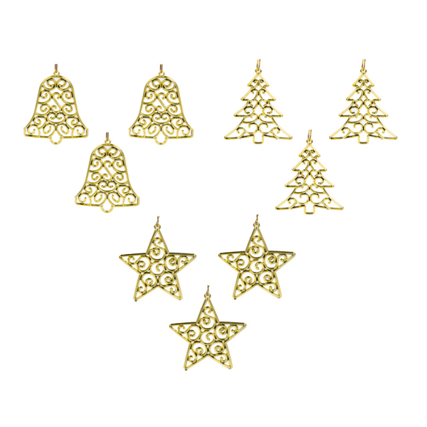 Набор подвесок декоративных, 4 шт., золото, пластик, 3 дизайна, 9,5x8,5см СНОУ БУМ