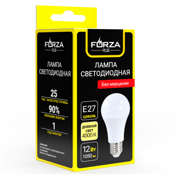 FORZA Лампа светодиодная A60 12 Вт, Е27, 1050 Лм, 4000 К, 175-265 В, Ra>80, IRF <5%