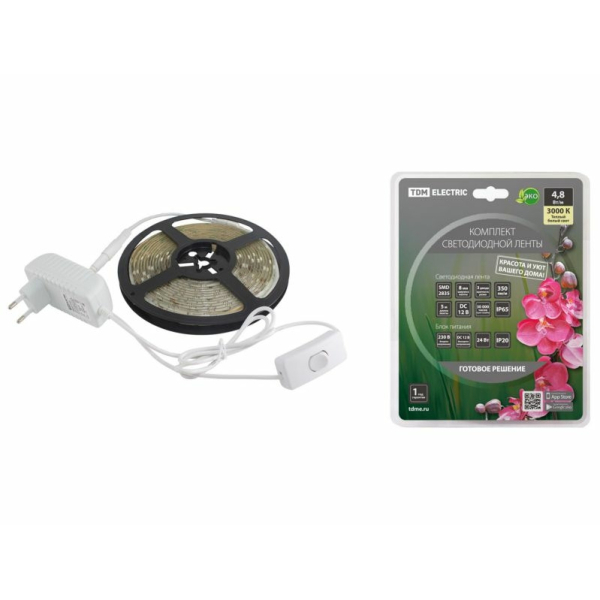 Лента св/д SMD2835 60LED/м 4,8Вт/м 12В IP65 3000K (3 метра) TDM