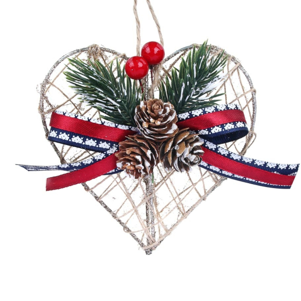 СНОУ БУМ Подвеска декоративная, в виде сердца с хвойным декором и лентой, металл, текстиль, 11x10см