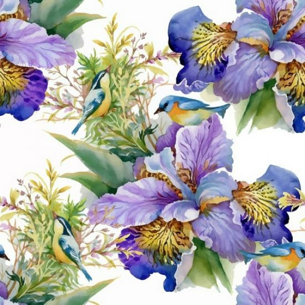 Клеенка ПВХ тканевая основа 1,37*20 м Ирисы и птицы рис 3008 Grace