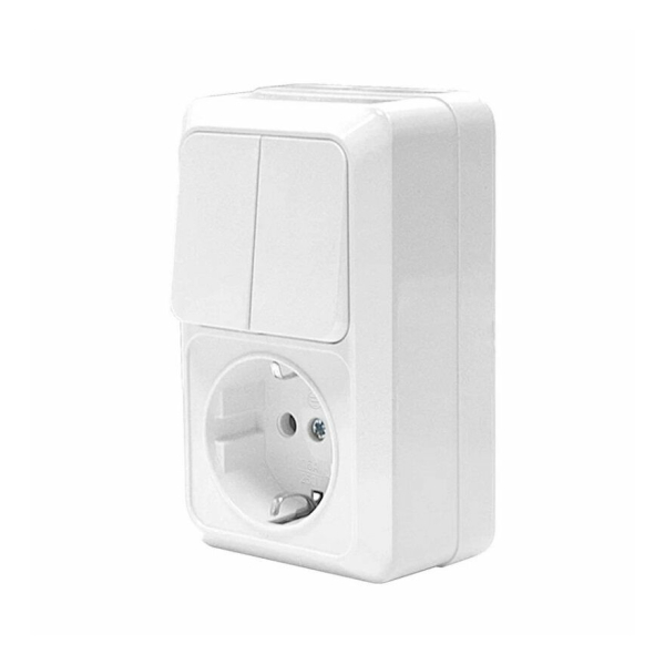 Блок ОУ выключатель 2 кл. + розетка 1 мест. с з/к белый Олимп UNIVersal