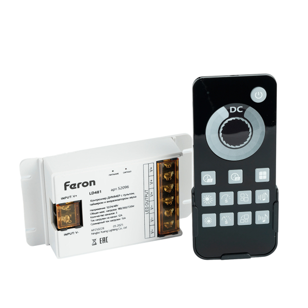 Контроллер диммер 12А 12-48В для св/д ленты с пультом, таймер, звук черный LD481 Feron
